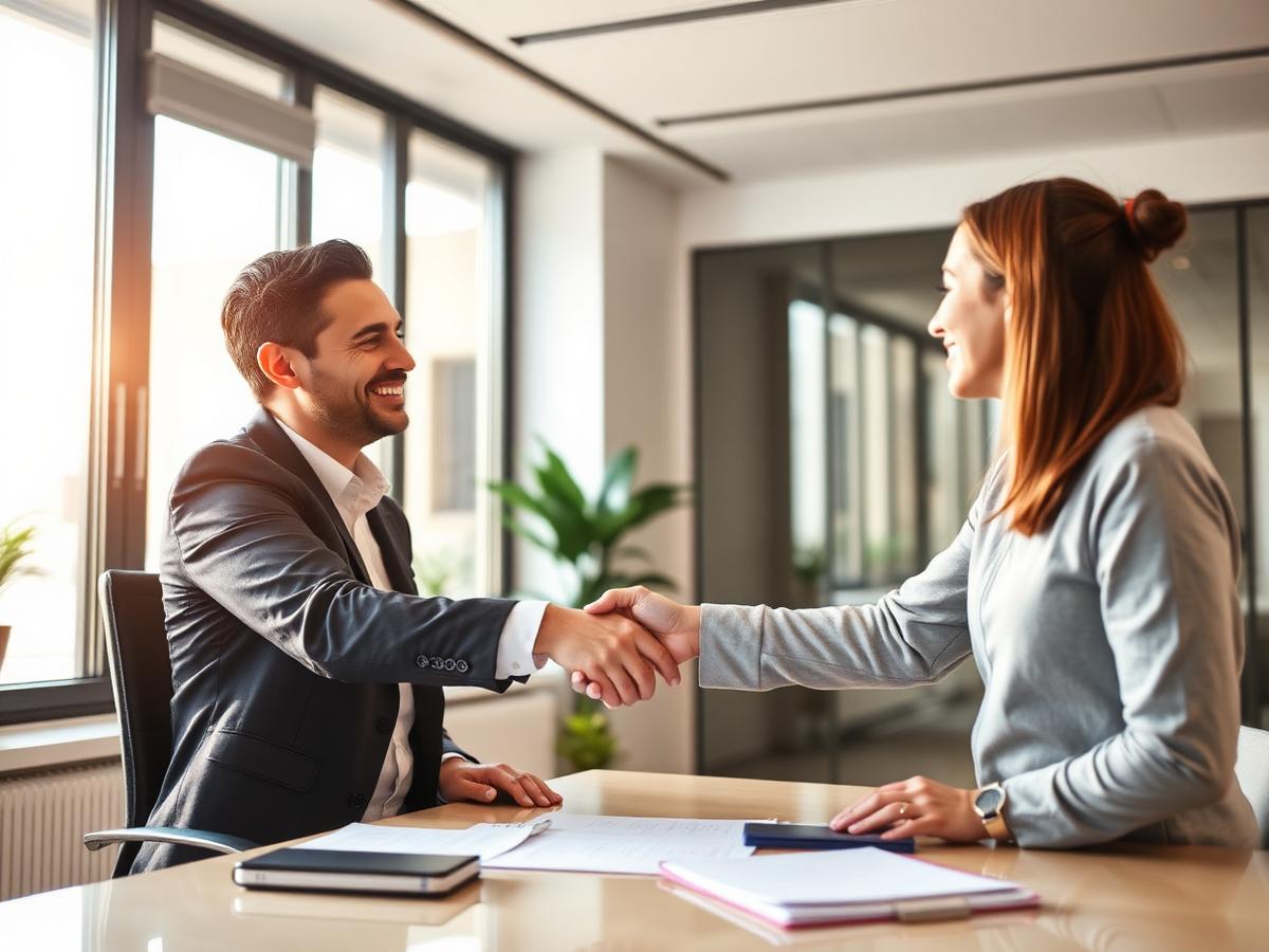 Responsable de Recursos Humanos y trabajador extranjero cerrando un acuerdo en la oficina